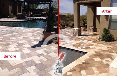 Before and After Picture of a Dull Tequesta Travertine Pool Deck Cleaned to Recover Its Original Colors