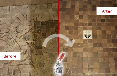 Before and After Picture of a Stained Briny Breezes Marble Shower Floor Cleaned to Remove Etching