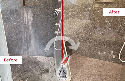Sir Grout Cleans this Royal Palm Beach Granite Shower to Remove Mineral Deposits Before and After Picture of a Royal Palm Beach Granite Shower Cleaned to Remove Mineral Deposits