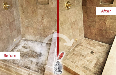 Sir Grout Cleans this Royal Palm Beach Travertine Shower to Eliminate Water Spots Before and After Picture of a Royal Palm Beach Travertine Shower Cleaned to Eliminate Water Spots