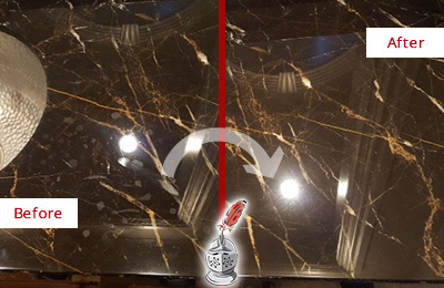 Sir Grout Cleans this Royal Palm Beach Marble Countertop to Remove Water Spots Before and After Picture of a Royal Palm Beach Marble Countertop Cleaned to Remove Water Spots