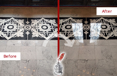 Sir Grout Seals the Stone of this Riviera Beach Marble Floor to Recover Its Sheen Before and After Picture of a Riviera Beach Marble Stone Sealed to Recover Its Sheen