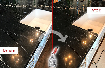 Before and After Picture of a South Bay Marble Kitchen Countertop Stone Sealed to Avoid Water Damage