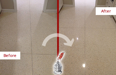 Sir Grout Hones this Dull Cloud Lake Granite Floor to Recover Its Sheen Before and After Picture of a Dull Cloud Lake Granite Floor Honed to Recover Its Sheen