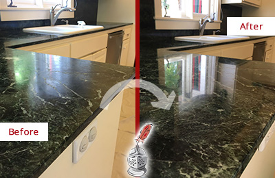 Sir Grout Hones this Cloud Lake Marble Kitchen Countertop to Remove Water Marks Before and After Picture of a Cloud Lake Marble Kitchen Countertop Honed to Remove Water Marks
