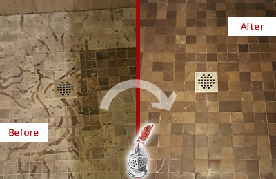 Sir Grout Hones this Cloud Lake Marble Shower to Remove Etching Before and After Picture of a Cloud Lake Marble Shower Honed to Remove Etching