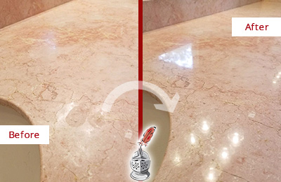Sir Grout Hones this Cloud Lake Marble Vanity Top to Eliminate Water Spots Before and After Picture of a Cloud Lake Marble Vanity Top Honed to Eliminate Water Spots