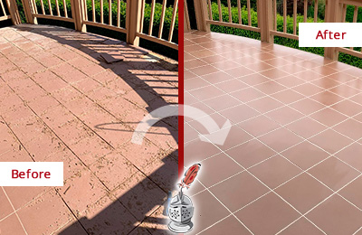 Before and After Picture of a West Palm Beach Hard Surface Restoration Service on a Tiled Deck