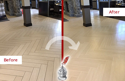 Before and After Picture of a Ocean Ridge Hard Surface Restoration Service on an Office Lobby Tile Floor to Remove Embedded Dirt