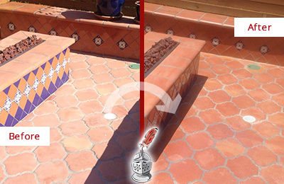 Before and After Picture of a Palm Springs Hard Surface Restoration Service on a Dull Terracotta Patio Floor to Recover Its Color