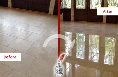 Before and After Picture of a Gulf Stream Hard Surface Restoration Service on a Dull Travertine Floor Polished to Recover Its Splendor