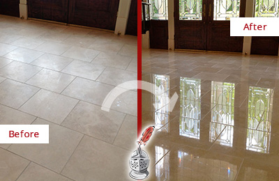 Sir Grout Restored This Palm Springs Dull Travertine Floor to Recover Its Splendor with a Stone Polishing Service Before and After Picture of a Palm Springs Hard Surface Restoration Service on a Dull Travertine Floor Polished to Recover Its Splendor