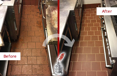 Before and After Picture of a Glen Ridge Hard Surface Restoration Service on a Restaurant Kitchen Floor to Eliminate Soil and Grease Build-Up