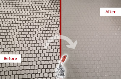 Before and After Picture of a Jupiter Inlet Colony Hard Surface Restoration Service on a Bathroom Tile Floor Recolored to Fix Grout Color