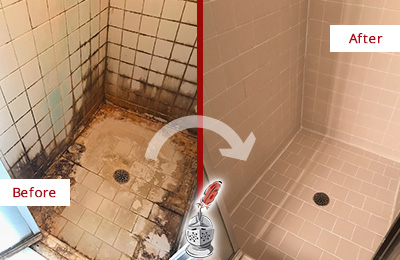 Sir Grout Restored This Palm Springs Tile Bathroom to Repair Water Damage Before and After Picture of a Palm Springs Hard Surface Restoration Service on a Tile Bathroom to Repair Water Damage