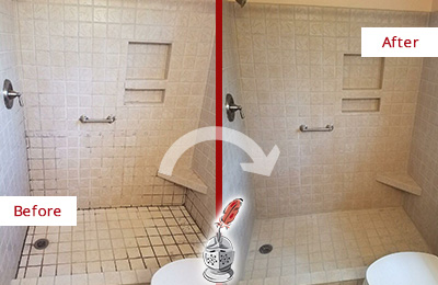 Before and After Picture of a Stuart Shower Grout Cleaned to Remove Mold