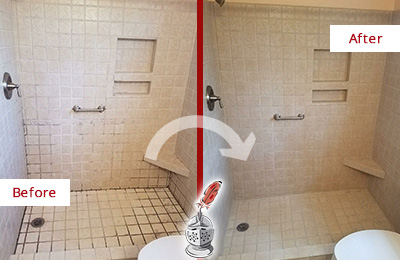 Sir Grout Cleans the Grout on this Juno Beach Moldy Shower Before and After Picture of a Juno Beach Shower Grout Cleaned to Remove Mold