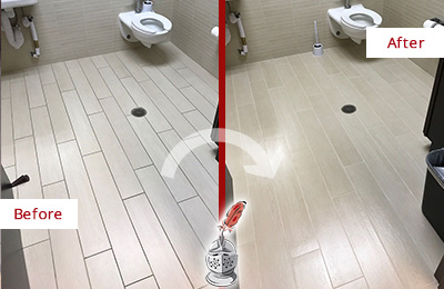 Before and After Picture of a Stuart Office Restroom's Grout Cleaned to Remove Dirt