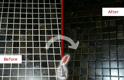 Before and After Picture of a Hypoluxo Black Floor with Recolored Grout