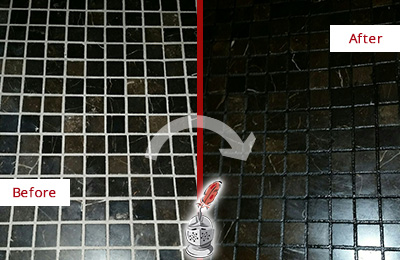 Sir Grout Recolored the Grout of this Greenacres Black Tile Floor Before and After Picture of a Greenacres Black Floor with Recolored Grout