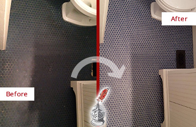 Before and After Picture of a Hypoluxo Blue Tile Floor Recolored Grout