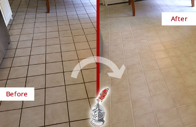 Sir Grout Recolors this Greenacres Kitchen Tile Floor's Grout Before and After Picture of a Greenacres Kitchen Tile Floor with Recolored Grout