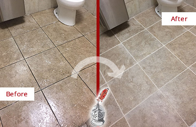 Before and After Picture of a Ocean Breeze Office Restroom Floor Recolored Grout