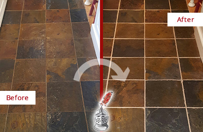 Before and After Picture of a Jupiter Slate Floor Recolored Grout