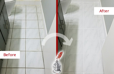 Before and After Picture of a Royal Palm Beach White Ceramic Tile with Recolored Grout