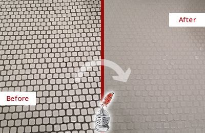 Sir Grout Recolors the Grout of this Greenacres White Mosaic Tile Before and After Picture of a Greenacres White Mosaic Tile Recolored Grout