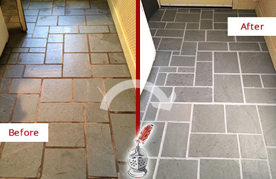 Before and After Picture of Damaged Village of Golf Slate Floor with Sealed Grout