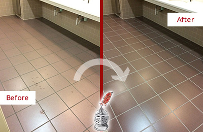 Sir Grout Seals the Grout on this South Bay Office Restroom to Refresh Its Look Before and After Picture of Dirty South Bay Office Restroom with Sealed Grout