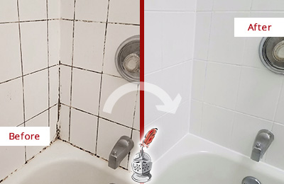Sir Grout Seals the Grout to Eliminate Mold from this South Bay Tub Before and After Picture of a South Bay Tub with Sealed Grout to Eliminate Mold