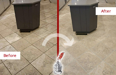 Before and After Picture of a Tequesta Kitchen Floor Grout Sealed to Remove Stains