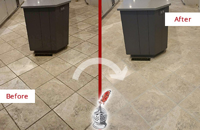Sir Grout Seals this Stained South Bay Kitchen Floor Grout to Remove Stains Before and After Picture of a South Bay Kitchen Floor Grout Sealed to Remove Stains