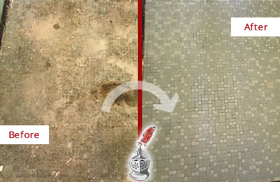 Sir Grout Cleans this Greenacres Mosaic Shower Cleaned to Eliminate Embedded Dirt Before and After Picture of a Greenacres Mosaic Shower Cleaned to Eliminate Embedded Dirt