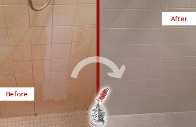 Before and After Picture of a Wellington Porcelaine Shower Cleaned to Remove Soap Scum